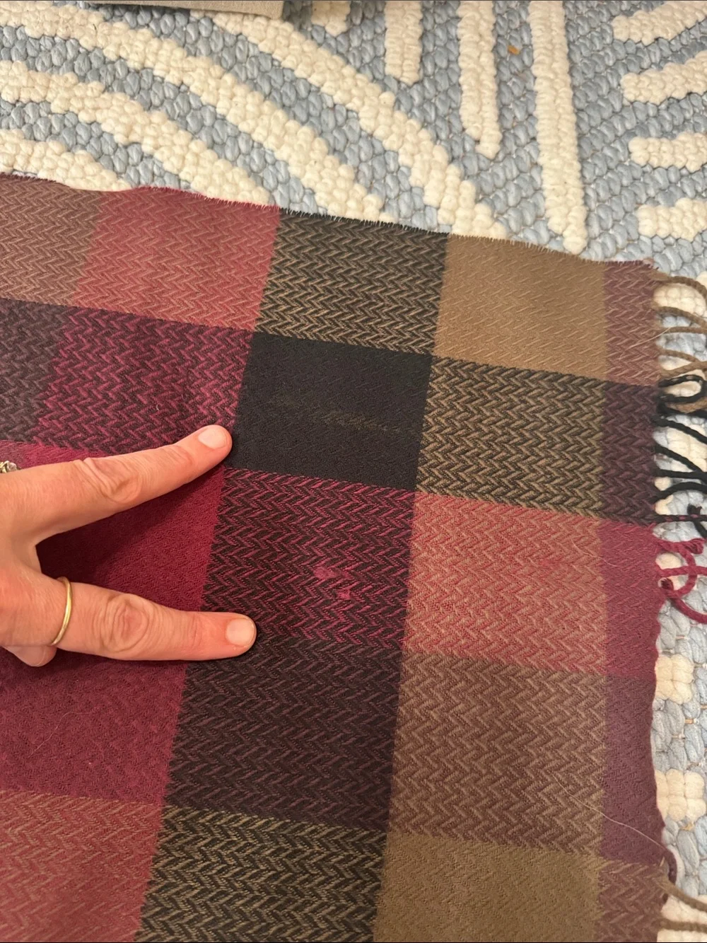Vintage 100% Cashmere Scarf Made in Scotland Plaid Burgundy Brown Fringe Unisex